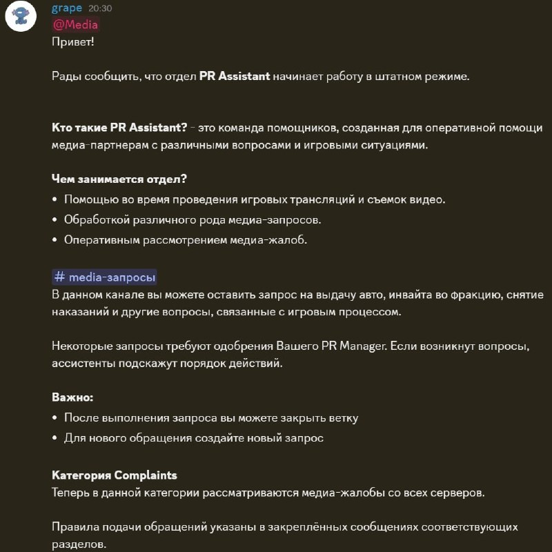 На GTA5RP запустили отдел PR Assistant для помощи медиа-партнёрам